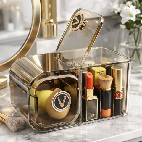 Organizer na kosmetyki szafeczka z przegródkami i szufladką, brązowy CB36