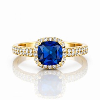 Pierścionek stal chirurgiczna platerowana 14k złotem, efektowy z niebieską cyrkonią PST993, Rozmiar pierścionków: US8 EU17