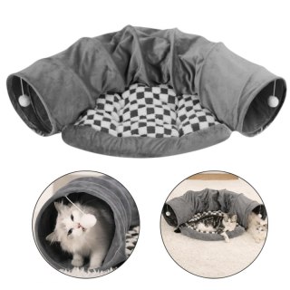 Tunel do zabawy z pomponami i legowiskiem dla kota, szary welur, kratka KOT35SZ