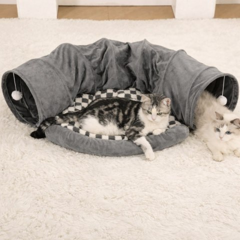 Tunel do zabawy z pomponami i legowiskiem dla kota, szary welur, kratka KOT35SZ