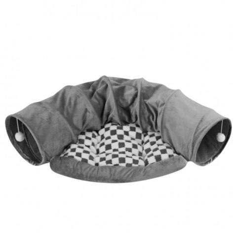 Tunel do zabawy z pomponami i legowiskiem dla kota, szary welur, kratka KOT35SZ