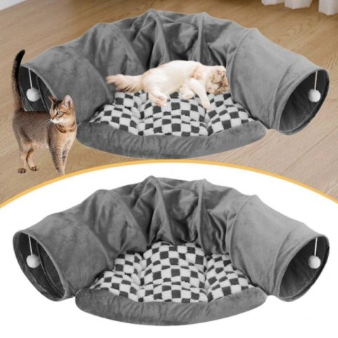 Tunel do zabawy z pomponami i legowiskiem dla kota, szary welur, kratka KOT35SZ