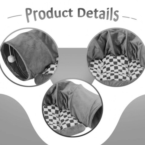 Tunel do zabawy z pomponami i legowiskiem dla kota, szary welur, kratka KOT35SZ