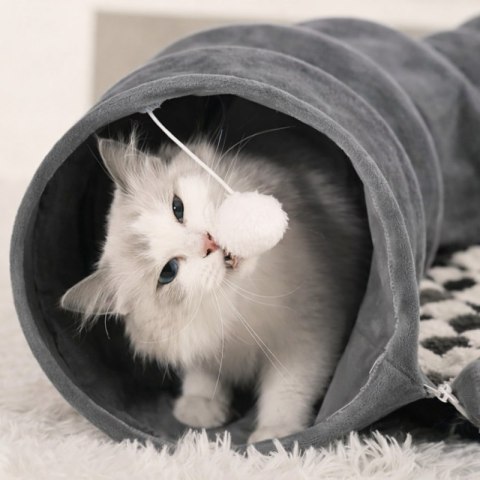 Tunel do zabawy z pomponami i legowiskiem dla kota, szary welur, kratka KOT35SZ
