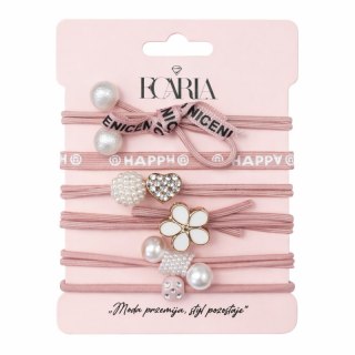 Zestaw frotek gumek 6w1 na plakietce HAPPY, różowe kokardki, cyrkonie GUM180