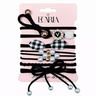 Zestaw frotek gumek 6w1 na plakietce, czarne kokardki z perełkami kratka GUM181