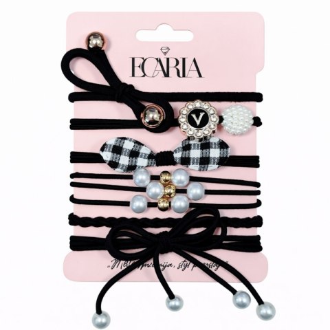 Zestaw frotek gumek 6w1 na plakietce, czarne kokardki z perełkami kratka GUM181