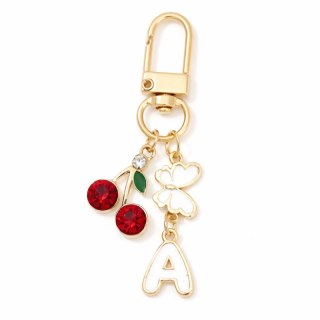 Brelok do kluczy LITERKA "A" 6,5cm WISIENKI, cyrkonie, złote z motylkiem BRL412A