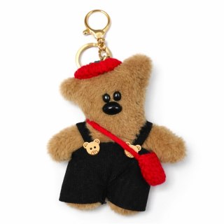 Brelok do kluczy, pluszowy brązowy miś w ogrodniczkach i berecie, czarny BRL402CZ