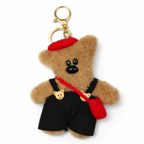 Brelok do kluczy, pluszowy brązowy miś w ogrodniczkach i berecie, czarny BRL402CZ