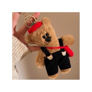 Brelok do kluczy, pluszowy brązowy miś w ogrodniczkach i berecie, czarny BRL402CZ