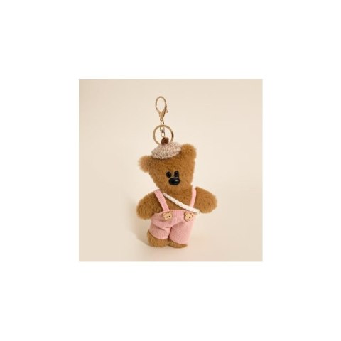Brelok do kluczy, pluszowy brązowy miś w ogrodniczkach i berecie, róż BRL402R