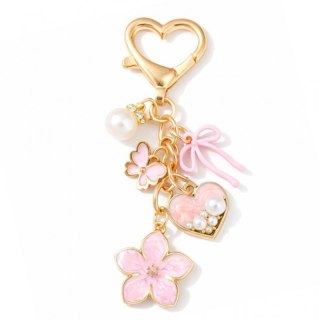 Brelok do kluczy różowy KWIAT, serce, kokardka, złoty BRL414R