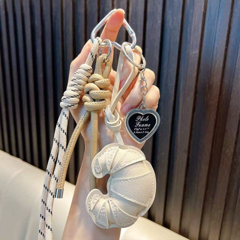 Brelok do kluczy skórzany Croissant, rogalik, beż, biały BRL404