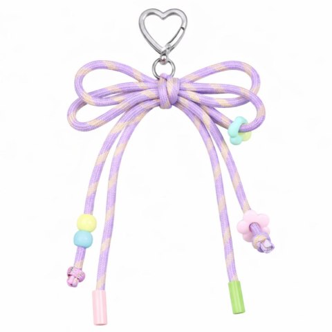 Brelok do kluczy, sznurkowa kokardka, koraliki, fiolet w paski BRL406FIO