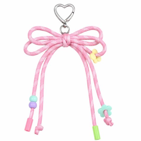 Brelok do kluczy, sznurkowa kokardka, koraliki, róż BRL406R