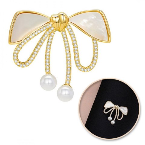 Broszka ozdobna złota KOKARDKA masa perłowa i cyrkonie BZ197