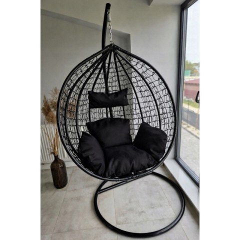 Fotel wiszący, huśtawka kokon czarny z czarnymi poduszkami KR23