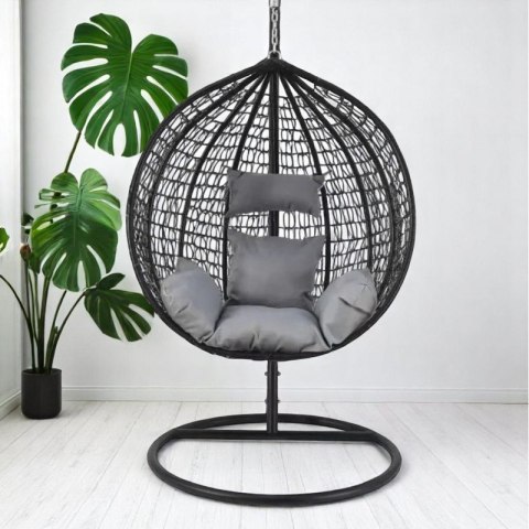 Fotel wiszący, huśtawka kokon czarny z czarnymi poduszkami KR23