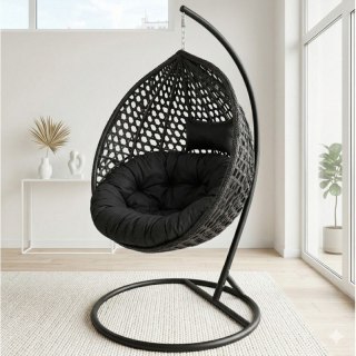 Fotel wiszący huśtawka kokon z czarnymi poduszkami, czarny KR41