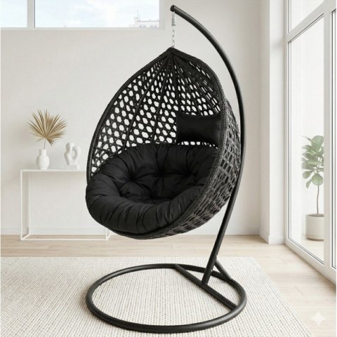 Fotel wiszący huśtawka kokon z czarnymi poduszkami, czarny KR41