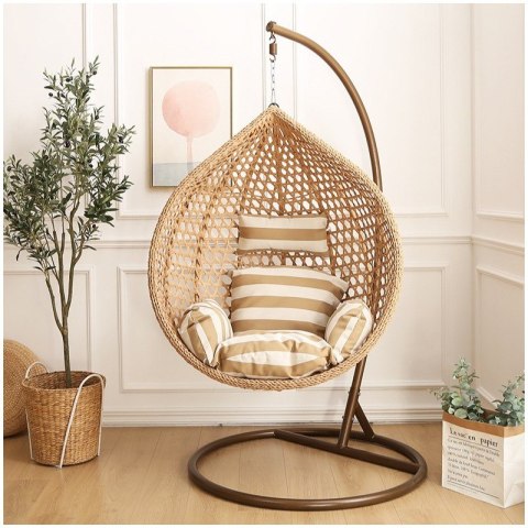 Fotel wiszący huśtawka kokon z poduszkami w pasy, brązowy KR28