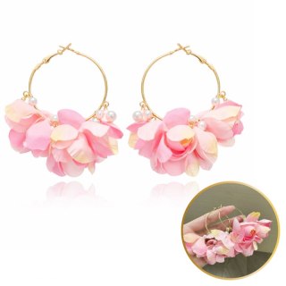 Kolczyki wiszące KOŁA, efektowne tiulowe, różowe kwiaty, perełki K1732