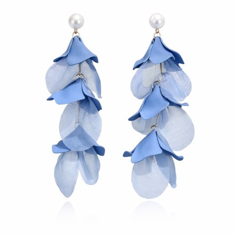 Kolczyki wiszące, efektowne tiulowe niebieskie z perełkami, sztyft K1725