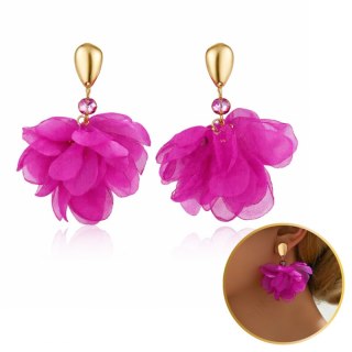 Kolczyki wiszące, efektowne tiulowe z kryształkami, fuksja złote sztyft K1723F