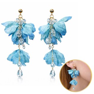 Kolczyki wiszące, efektowne tiulowe z kryształkami, niebieskie ombre sztyft K1729