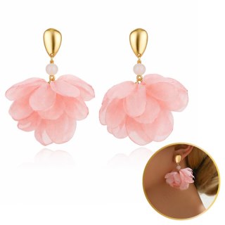 Kolczyki wiszące, efektowne tiulowe z kryształkami, róż złote sztyft K1723R