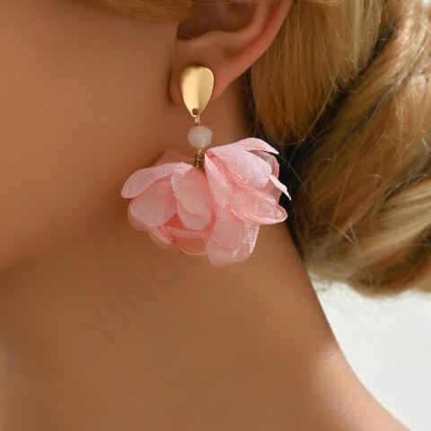 Kolczyki wiszące, efektowne tiulowe z kryształkami, róż złote sztyft K1723R