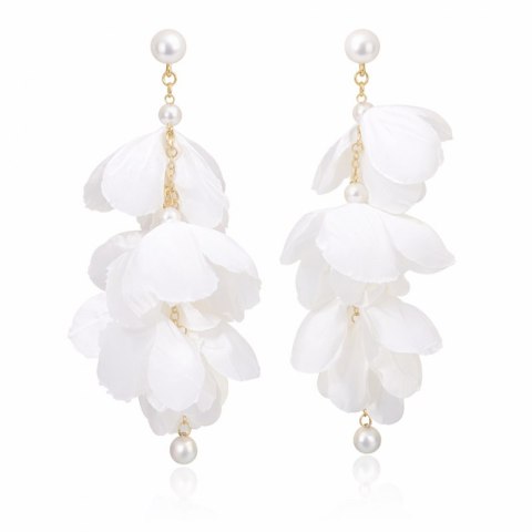 Kolczyki wiszące, efektowne tiulowe z perełkami, białe sztyft K1724