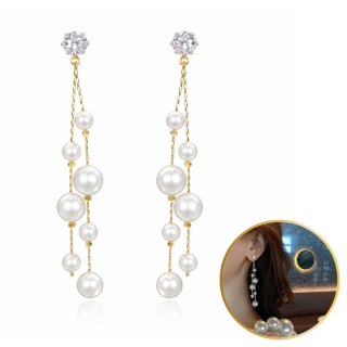 Kolczyki wiszące, efektowne z perełkami i cyrkonią, białe sztyft K1727