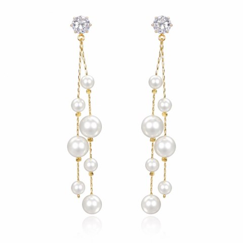 Kolczyki wiszące, efektowne z perełkami i cyrkonią, białe sztyft K1727