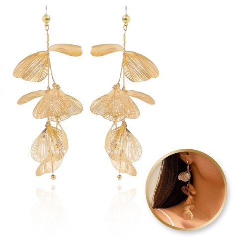 Kolczyki wiszące tiulowe złote efektowne kwiaty 5x12cm K1678