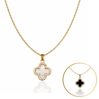 Naszyjnik stal szlachetna pozłacana 14k złotem, dwustronna Koniczynka, cyrkonie NST2259