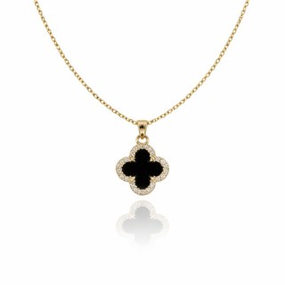 Naszyjnik stal szlachetna pozłacana 14k złotem, dwustronna Koniczynka, cyrkonie NST2259