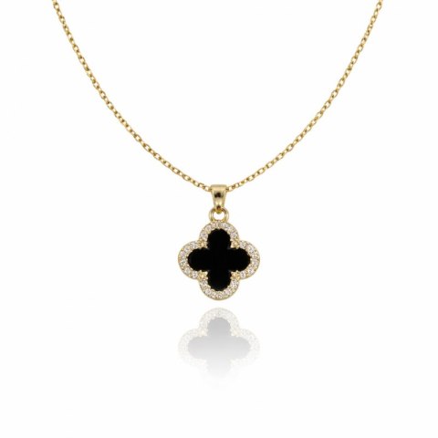 Naszyjnik stal szlachetna pozłacana 14k złotem, dwustronna Koniczynka, cyrkonie NST2259