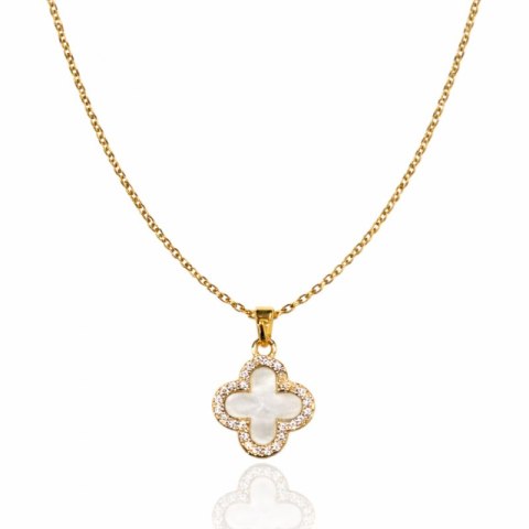 Naszyjnik stal szlachetna pozłacana 14k złotem, dwustronna Koniczynka, cyrkonie NST2259