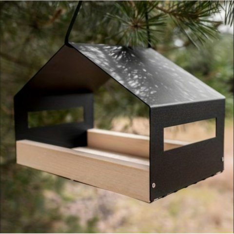 Nowoczesny karmnik, domek dla ptaków, duży metalowy, drewniana podstawa PT06