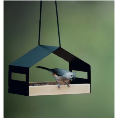 Nowoczesny karmnik, domek dla ptaków, duży metalowy, drewniana podstawa PT06
