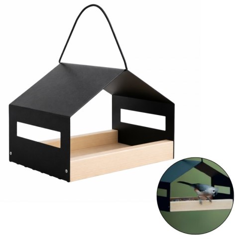 Nowoczesny karmnik, domek dla ptaków, duży metalowy, drewniana podstawa PT06
