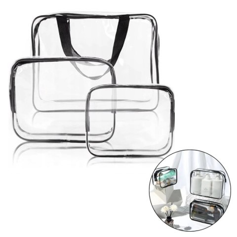 Zestaw kosmetyczek 3w1, transparentne 3 rozmiary, wodoodporne Czerń KS154