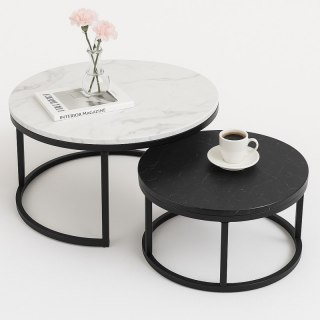 Zestaw okrągłych stolików kawowych 2w1 biało czarny marmur 60 i 80 cm STL14BCZ
