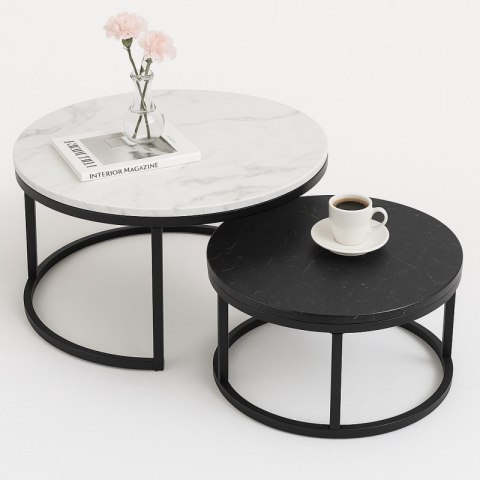 Zestaw okrągłych stolików kawowych 2w1 biało czarny marmur 60 i 80 cm STL14BCZ