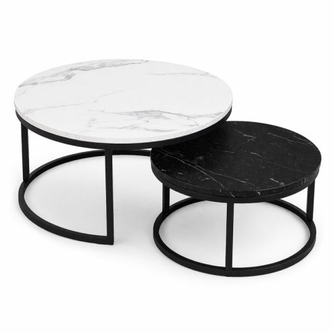 Zestaw okrągłych stolików kawowych 2w1 biało czarny marmur 60 i 80 cm STL14BCZ