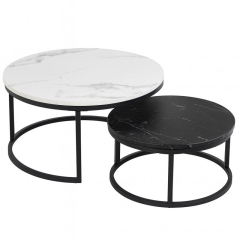 Zestaw okrągłych stolików kawowych 2w1 biało czarny marmur 60 i 80 cm STL14BCZ