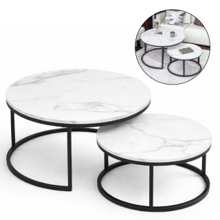 Zestaw okrągłych stolików kawowych 2w1 biały marmur 60 i 80 cm STL14