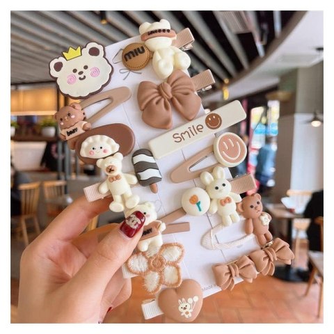 Zestaw pakiet 14w1 spinek wsuwek do włosów, MISIE, beż, krem SP447